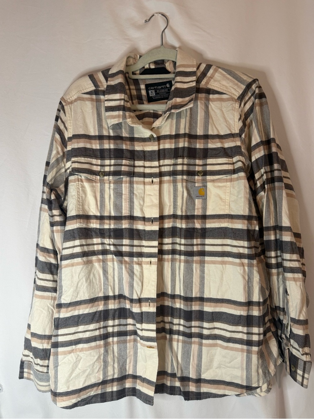 Carhartt Women XL Tencel Plaid Flannel Shirt Relaxed Fit Chalk Rugged Flex
